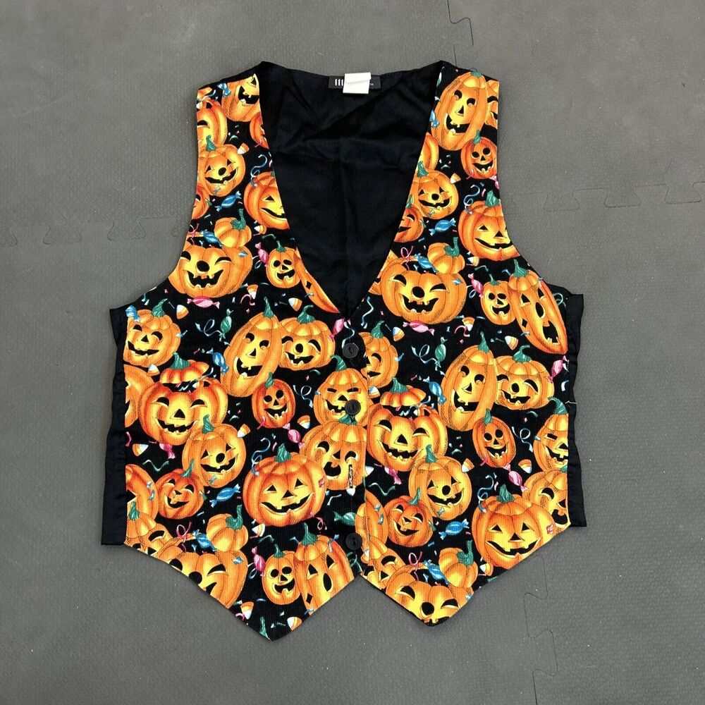 Vintage 111 Main Black Pumpkin Halloween Jack-O-Lantern Vest Size Medium Charity - Picture 5 of 9